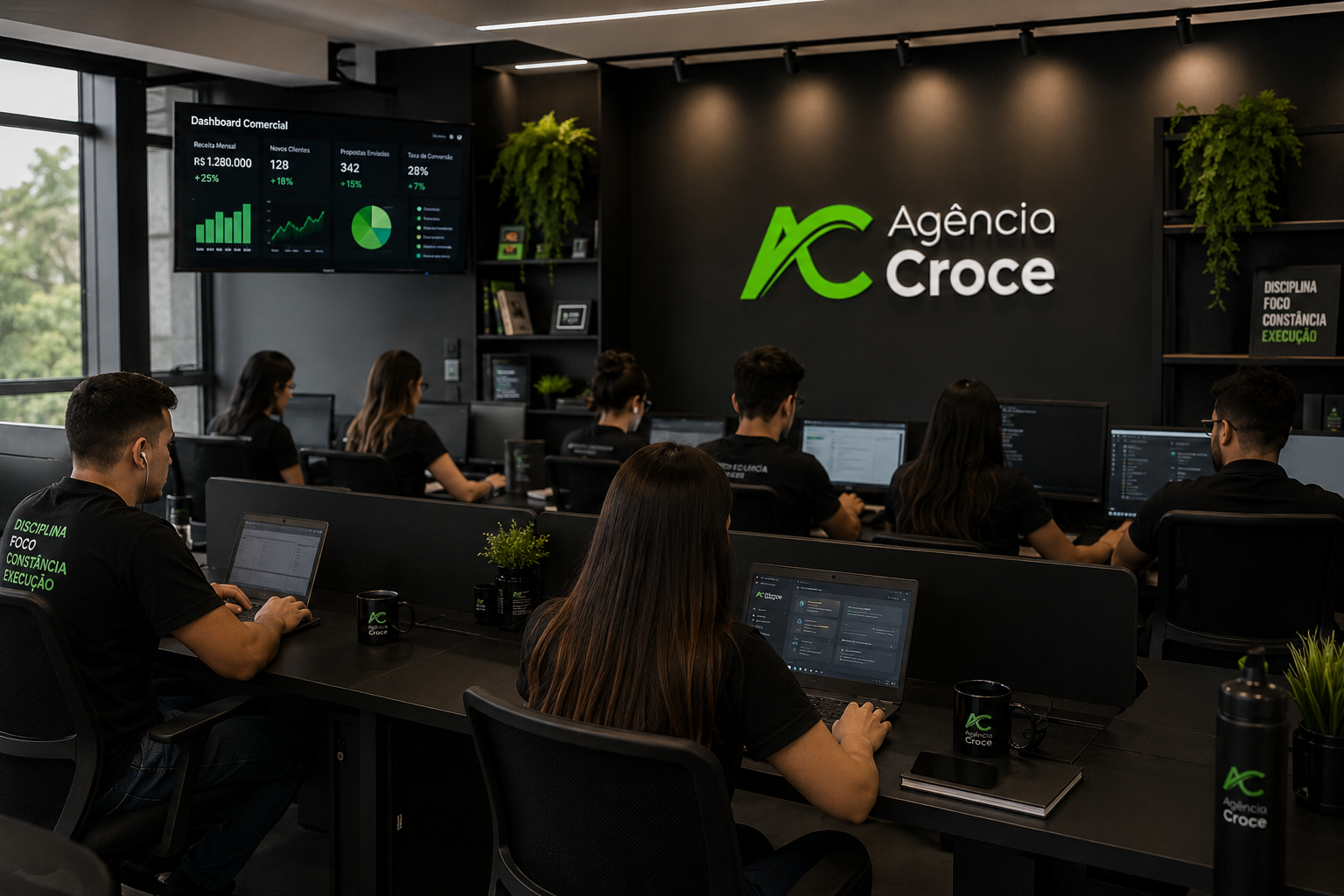 Time da Agência Croce operando no escritório